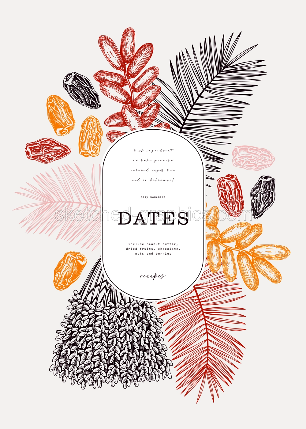 Date fruits frame design. Hand drawn vector illustration. Dates, palm leaves, dried fruits, sketches. Exotic fruit design template. Realistic oriental sweets background Illustration